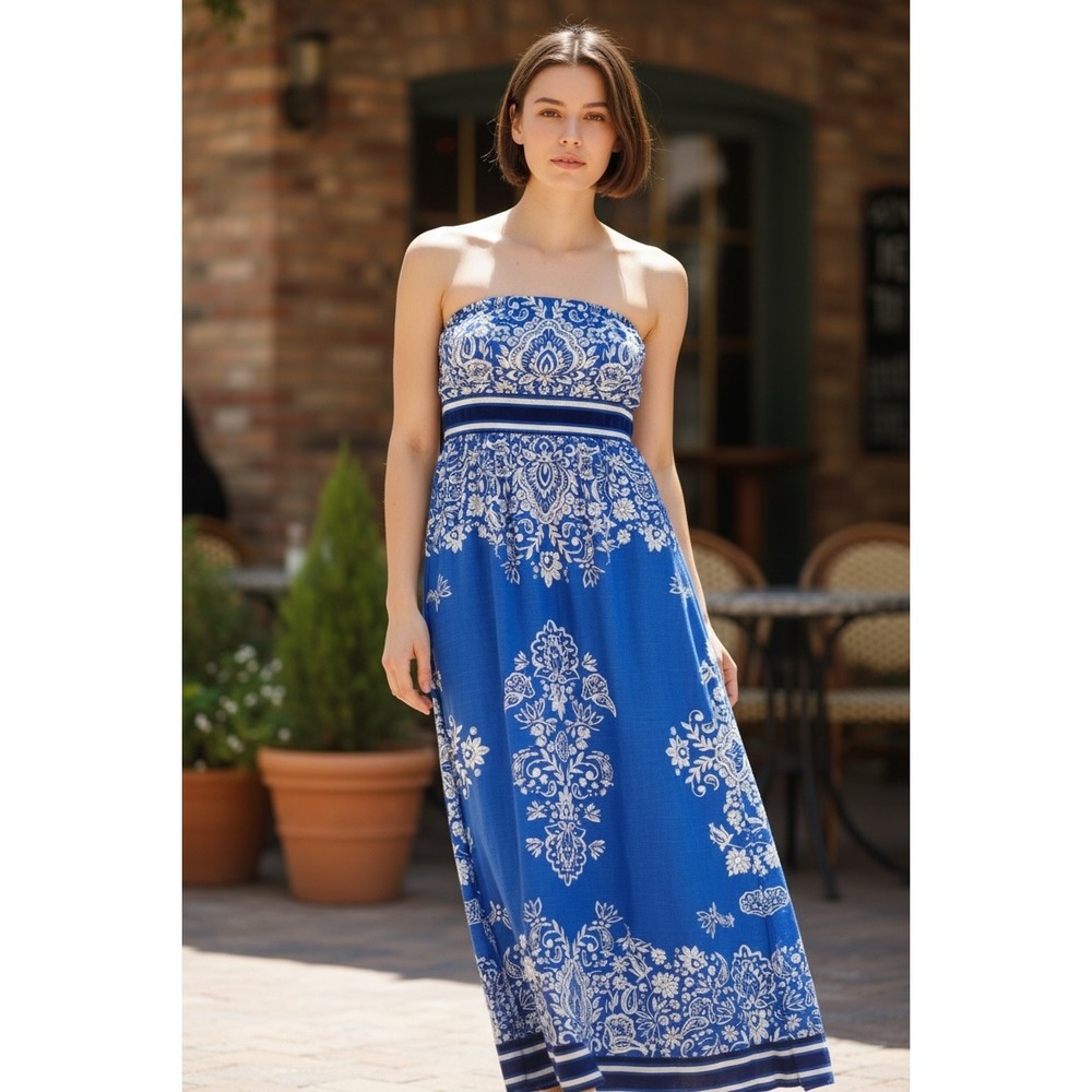 Strapless‎ Blue White Medallion Maxi Dress Womens 12 Boho Coastal Resort Beach